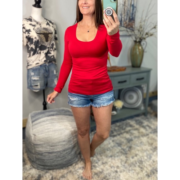 ❤️‍🔥Scoop Stretch Slimming Fitted Long Sleeve Shirt Red 1822 - Picture 7 of 9